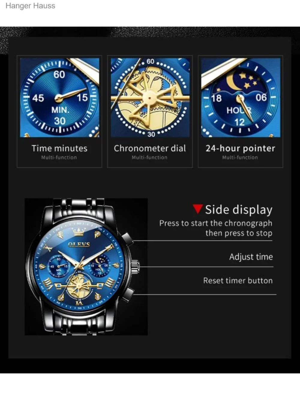 Men's Chronograph Quartz Watch Stainless Steel Big Face Dress